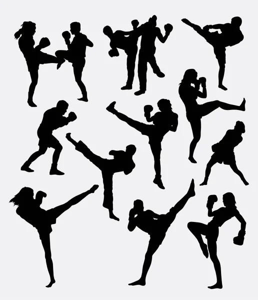 Kick boksen krijgskunst sport opleiding silhouet — Stockvector