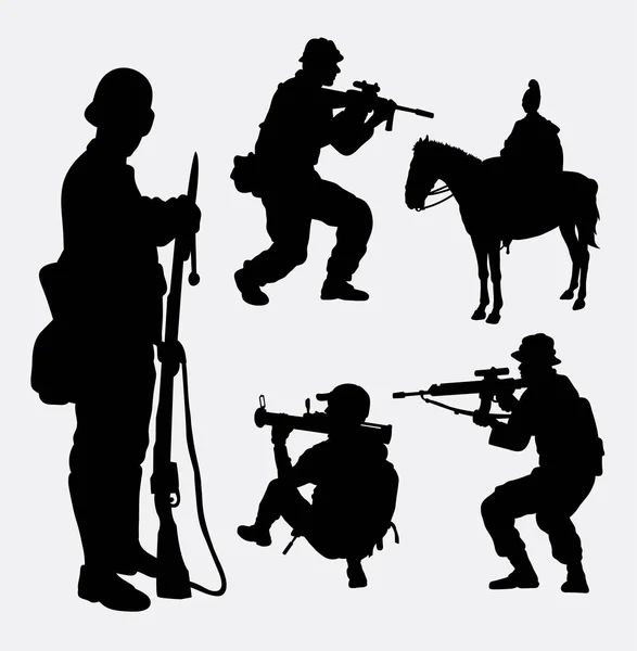 Militar, soldado, ejército, silueta de actividad de tiro — Vector de stock