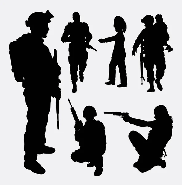 Soldat, militaire, sécurité, silhouette masculine et féminine — Image vectorielle