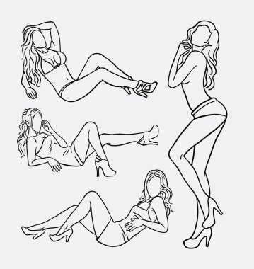 Seksi kadın doodle. Kız etkinlik poz hat sanat resim