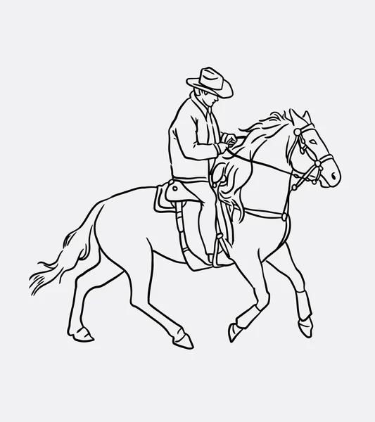 Cowboy riding horse line art drawing — Stock Vector