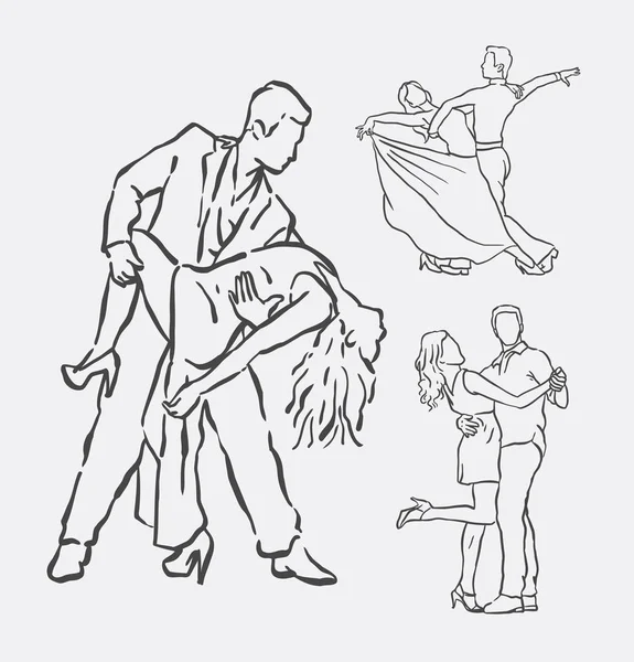 Çift dans eden erkek ve kadın eylem satırı sanat resim — Stok Vektör