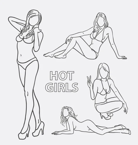 Chica caliente pose sexy línea de arte dibujo — Vector de stock