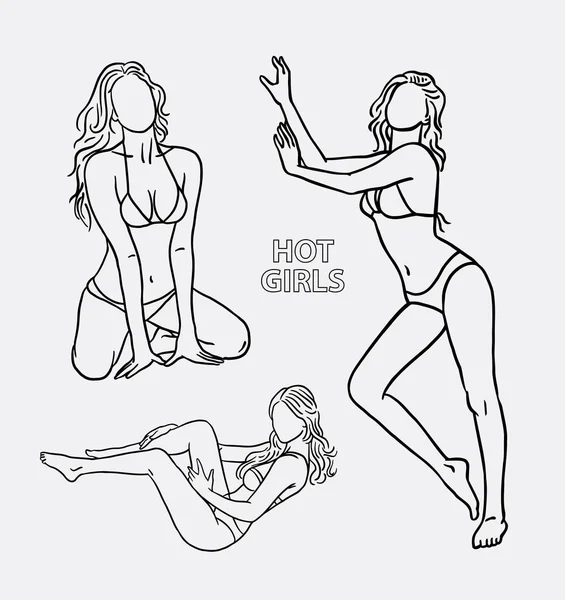 Chica caliente, mujeres línea de acción dibujo de arte — Vector de stock