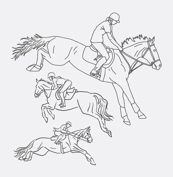 Jockey riding horse sport line art drawing — Stock Vector