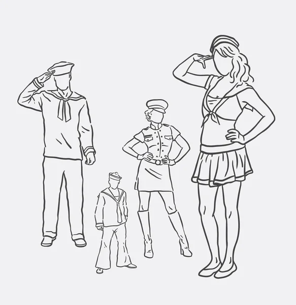 Denizci kostüm erkek ve kadın el çizimi — Stok Vektör