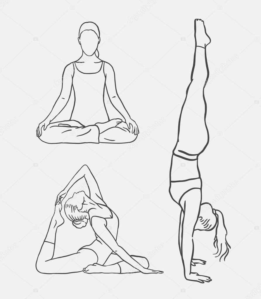 Seven various easy and intermediate yoga poses, free hand drawn vector  halftone sketch. | CanStock