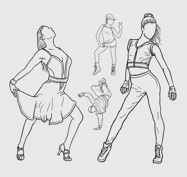 Gente bailarina y estilo de dibujo deportivo — Vector de stock