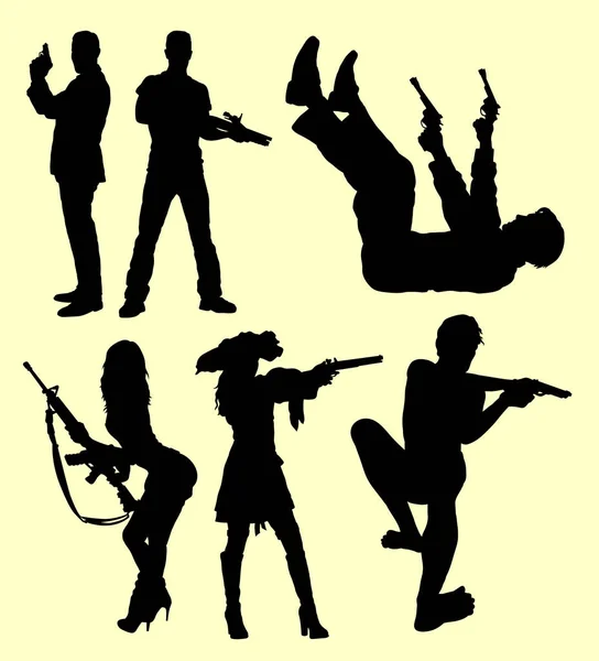 Les gens tirant avec une silhouette de pistolet — Image vectorielle