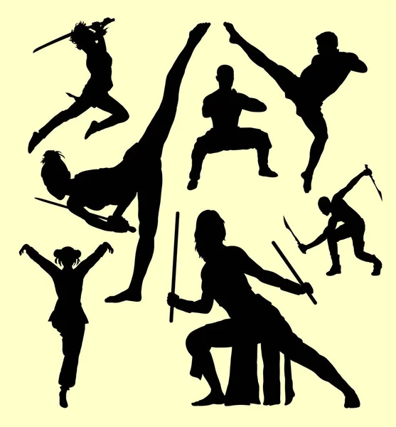 Kampfkunst männliche und weibliche Action-Silhouette — Stockvektor