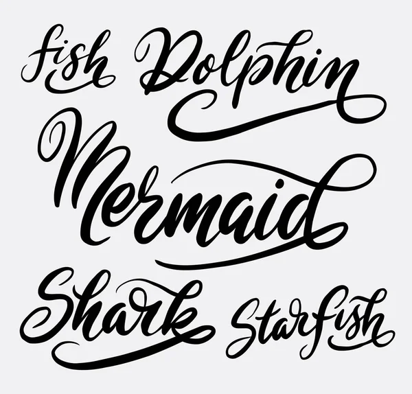 Mermaid and shark fish hand written typography — Stock Vector