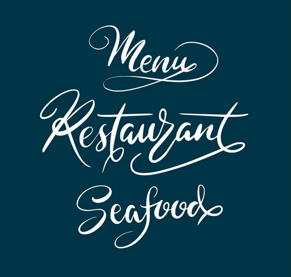 Menü Restaurant und Meeresfrüchte handgeschriebene Typografie. — Stockvektor