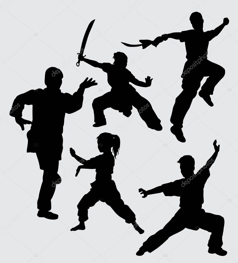Kung fu martial art using weapon silhouette Good use for symbol, logo, web icon, mascot, sign, sticker, or any design you want 