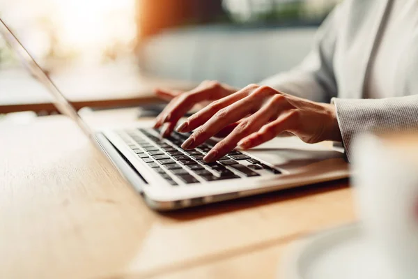 Close Girl Hands While Typing Keyboard — Stock Photo, Image