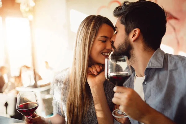 Couple Enjoy Moments Cafe Boyfriend Kissing His Girl Forehead — Stock Photo, Image