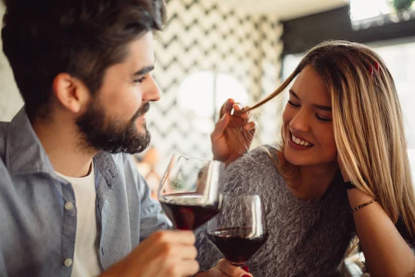 Close Beautiful Romantic Couple Drinking Red Wine While Celebrating Valentine — Stock Photo, Image