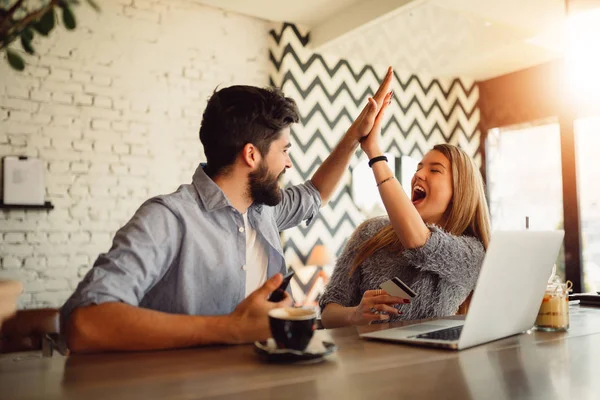 Portrait Excited Young Couple Giving High Five While Shopping Online — Stock Photo, Image
