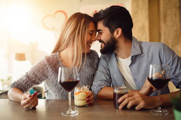 Couple Love Having Romantic Moments Cafe Couple Drinking Wine Celebrating — Stock Photo, Image