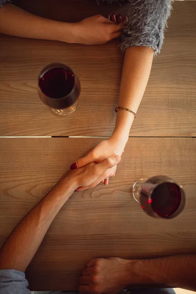 Top View Couple Holding Each Other Hands Drinking Wine Having — Stock Photo, Image