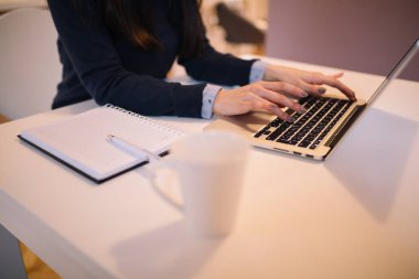 Onu laptop çalışırken kadın el yakın çekim. İş kavramı.