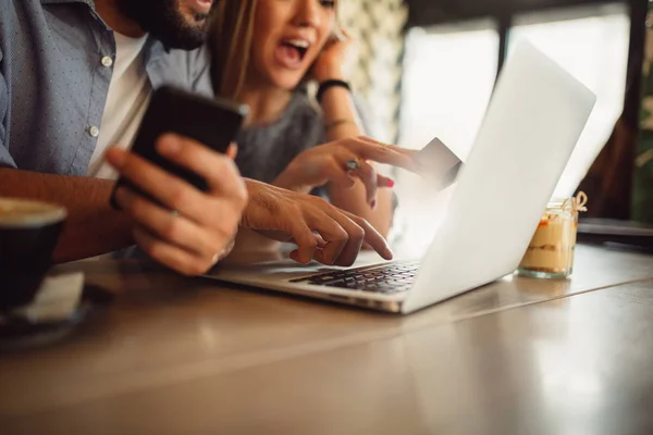 Close Couple Hands While Shopping Online Cafeteria — Stock Photo, Image