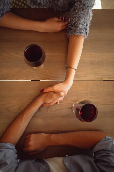 Man Woman Sitting Cafe Holding Hands Glasses Red Wine Table — Stock Photo, Image