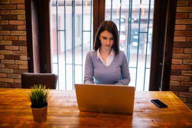 Bilgisayarda çalışan genç bir iş kadını. 