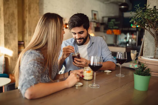 Happy Couple Eating Dessert Drinking Wine While Sitting Cafe — Stock Photo, Image