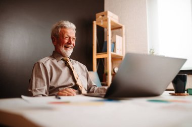 Ofiste dizüstü bilgisayarın önünde oturan gülümseyen yaşlı işadamının yakın bir fotoğrafı..