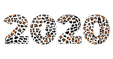 Kalıplı vahşi hayvanlı vektör illüstrasyonu. Yeni yıl 2020 numara leoparı. Ekolojik kavram. Broşür, poster, davetiye, web, duyuru. Düz ve satır biçimi tasarımı