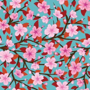 Sakura çiçek ya da kiraz çiçeği renkli arka plan ile yaprak ve dal seamless modeli ile komple