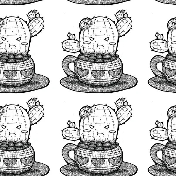 Line art drawing of cute pouting cactus - prickly pear