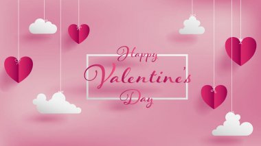 Sevgililer günü craft kağıt tasarımının içeren pembe Kalpler ve bulutlar üst, yumuşak pembe arka plan hissediyorum acı tutarak havada, Happy Valentine's gün metin içinde ortadaki beyaz kenarlıklı kabarık tarihlerde