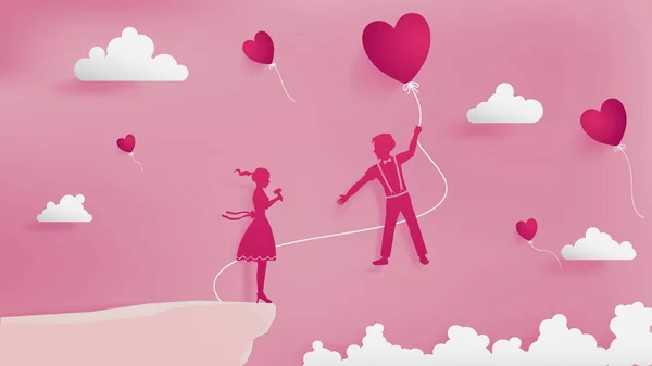 女孩在悬崖上等待一个男孩 男孩流动与红色气球和设法得到女孩 柔和的粉红色背景 气球是槽云彩 — 图库矢量图片