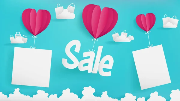 バレンタイン販売バナー 青い空を背景の つの心が持ちこたえている模擬空の紙と販売テキストのショッピング バッグ 下に雲の波に浮かぶ雲が含まれています — ストックベクタ