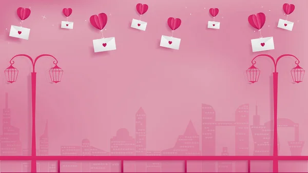 情人节的抽象纸工艺包含红色纸气球心脏采取爱邮件飞过摩天大楼沿边步行 柔和的粉红色背景 边走与路灯 — 图库矢量图片