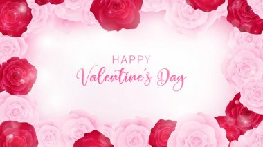 Üstten Görünüm Sevgililer günü davetiye süslemeleri beyaz kağıt, pembe ve kırmızı gül, orta birlikte kenarlık içeren beyaz Sevgililer günü indirim metin, resim kullanımı kutlama veya olay