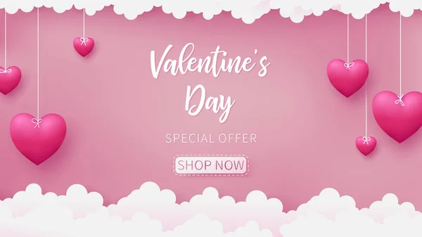 Valentines of paper craft design, contain pink hearts are holding by sting on top, soft pink background feel like fluffy in the air, Valentine's Day text is floating from back as white color