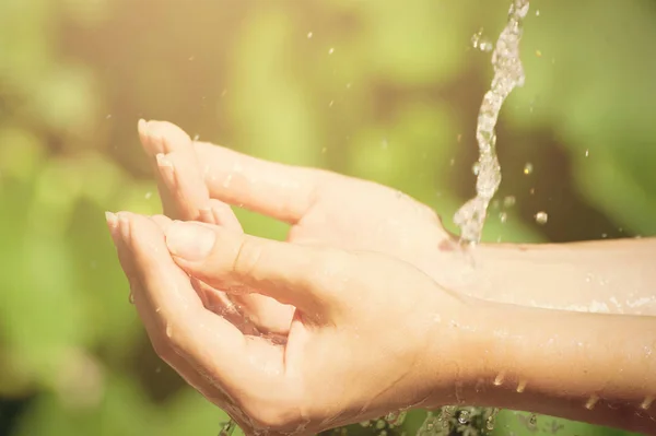 Woman Washing Hand Outdoors Natural Drinking Water Palm Young Hands — Stock Photo, Image