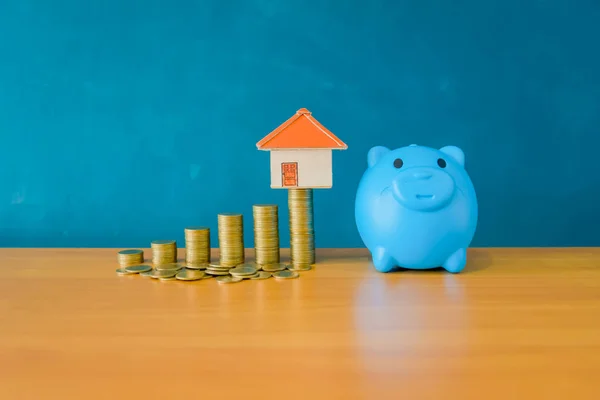 Concept van het besparen van geld voor een huis. Concept van Business Finance en geld, sparen geld voor bereiden in de toekomst. Bomen groeien op munt — Stockfoto