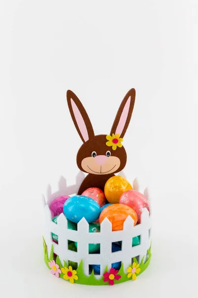 Some Colorful Easter Eggs Basket Easter Bunny — Stock Photo, Image