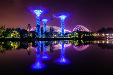 Singapur şehir ışıkları gece marina koyunda