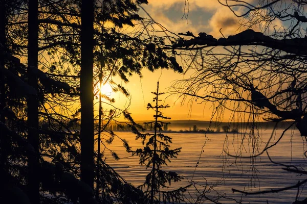 Imandrameer lake winter zonsopgang Rechtenvrije Stockafbeeldingen