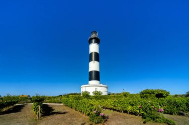 Phare de Chassiron. Ada D'Oleron çizgili deniz feneri ile Fransız Charente içinde. Fransa.