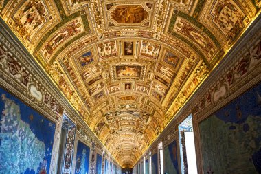 VATICAN CITY, VATICAN, February 13, 2018: interiors and architectural details of the Vatican museum. The ceiling in the Geographic gallery of the Vatican.  Rome, Italy. clipart