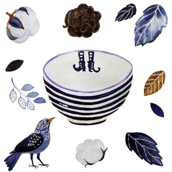 Beautiful winter collection with pottery, cotton plants,little bird,colorful leaves