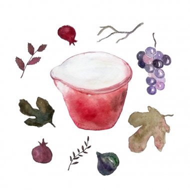 İncir yaprakları ve çevreleyen bir seramik kase meyve sulu boya desen 