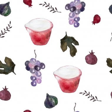 Sulu Boya desen incir yaprakları, üzüm, nar ve kırmızı yuvarlak kase. Tasarımınız için güzel .