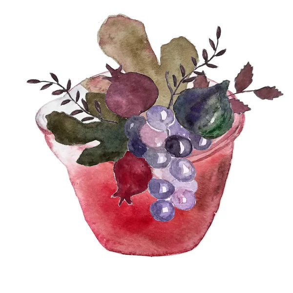 Composição aquarela de folhas, frutos em um boliche . — Vetor de Stock