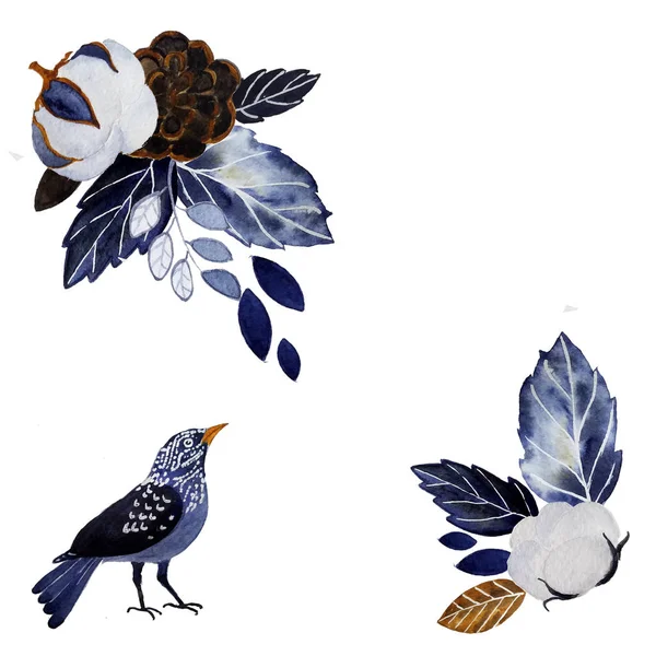 Blauer Vogel, Baumwollblume, Blätter. Winter florale Gestaltungselemente für Postkarten, Einladungen, etc. — Stockvektor